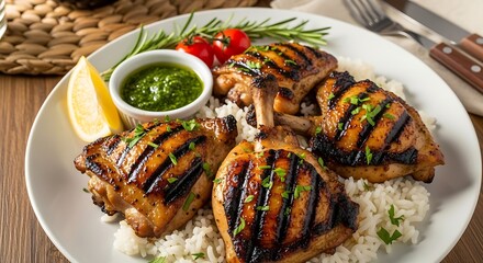 Delicious Grilled Chicken Thighs Served With Rice and Gremolata Sauce.