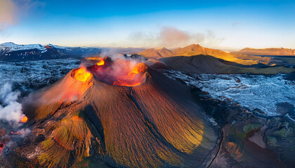 Active Volcano Erupting Lava and Smoke Under a Clear Blue Sky in Iceland Keywords: volcano, eruption, lava, smoke