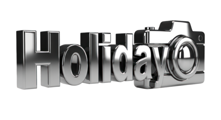 Metallic Holiday Text with Camera Icon Chrome Finish 3D Render.