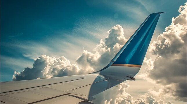 Airplane wing and tail fin against a backdrop of blue sky and fluffy white clouds on a sunny day