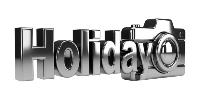 Metallic Holiday Text with Camera Icon Chrome Finish 3D Render.
