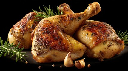 Three roasted chicken legs, golden-brown and glistening, rest on a dark surface with fresh rosemary sprigs and garlic cloves scattered around.  The chicken