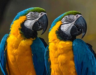 Fototapeta premium Two vibrant macaws, showcasing brilliant yellow and blue plumage, are pictured close up.