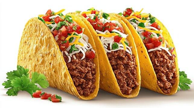Three golden-brown taco shells filled with seasoned ground beef, topped with shredded cheese, diced tomatoes, and a vibrant salsa. Fresh cilantro sprigs accentuate the image