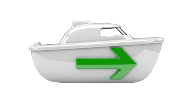White Boat with Green Arrow Symbolizing Forward Movement and Direction.