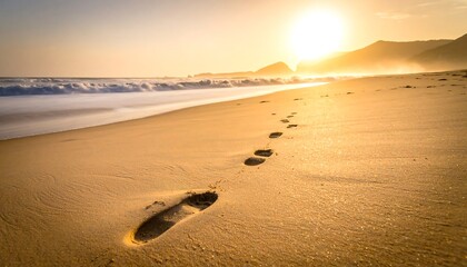 Footprints lead across golden sand toward a sunlit horizon, waves gently washing the shore. Mountains in background