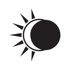 Solar eclipse icon showing the moon passing in front of the sun. Black and white vector graphic symbol of a celestial astronomical event, isolated on a white background.

