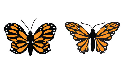 Orange and black monarch butterfly icon. Two detailed illustrations of monarch butterflies with orange and black patterned wings, symbolizing transformation, beauty, and nature.

