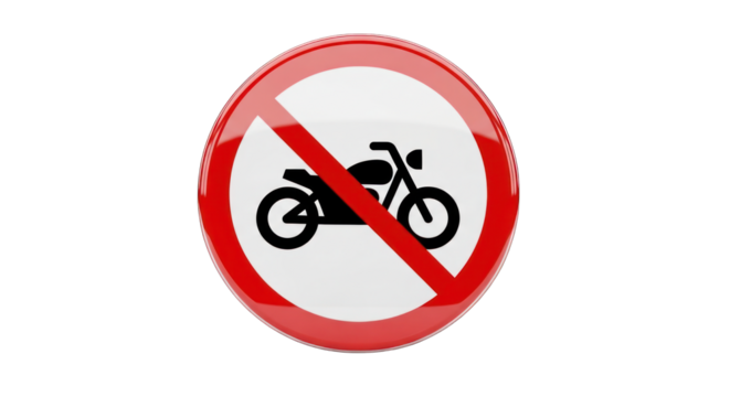 No Motorcycles Allowed Sign: Red Circle with Diagonal Bar and Motorcycle Icon.