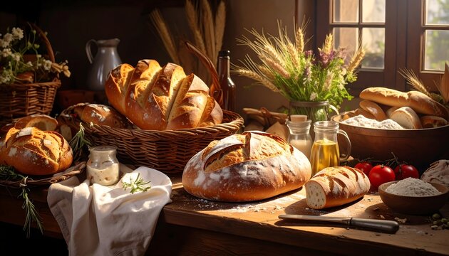 A rustic display of artisanal loaves of bread, showcasing diverse textures and golden hues, bathed in warm sunlight, arranged on a wooden table with rustic accessories.