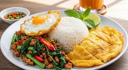 Delicious Thai Basil Pork Rice with Fried Egg and Omelette.