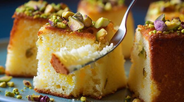 Close up of basbousa pieces with pistachios and fork, a sweet middle eastern semolina dessert