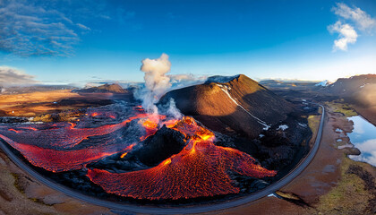Aerial View of a Volcanic Eruption with Lava Flowing and Smoke Plumes Keywords: volcano, eruption, lava, flowing
