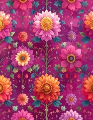Obraz premium A vibrant floral design features large, detailed blossoms in shades of pink, orange, and magenta, arranged in a symmetrical pattern against a deep purple background with watercolor-style effects.