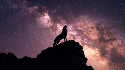 Fototapeta premium Silhouette wolf howling at Milky Way
