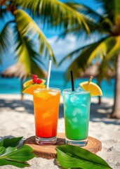 vibrant iced cocktails selected lush tropical beach backdrop exuding summer vibes refreshment drink colorful beverage paradise sand sea coastal drink, umbrella, cocktail, summer 