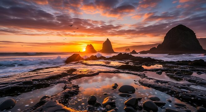 Dramatic Sunset Over Rugged Oregon Coastline With Haystack Rock. - Powered by Adobe