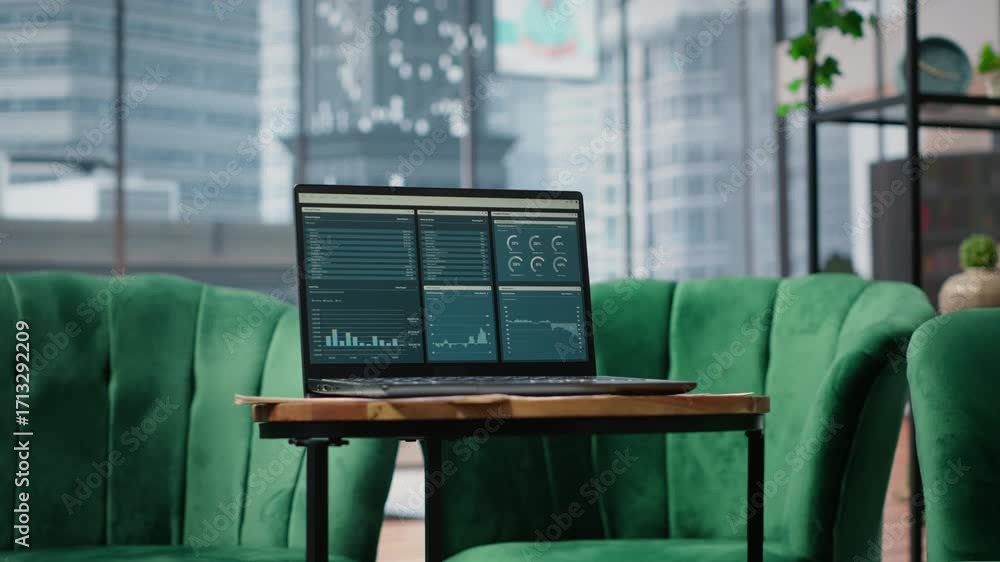 Poster big data reports and graphics showcasing business corporation success, empty luxurious office with a