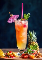 Refreshing cocktail with umbrella and pineapple slice drink, umbrella, cocktail, summer 