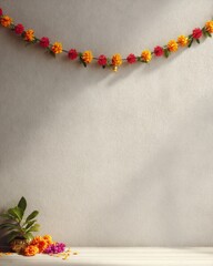 Modern plain wall decorated with a small Deepavali garland in a clean minimalist style.