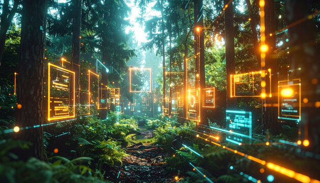 Futuristic Green Forest with Digital Elements - Powered by Adobe