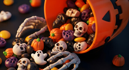 Spooky halloween candy overflowing from a pumpkin bucket