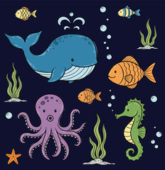 Obraz premium A cute collection of hand-drawn cartoon sea creatures, including a whale, seahorse, octopus, and fish