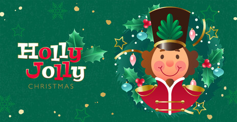 Christmas decoration greeting banner with typography and cute hand drawn festive nutcracker vector illustration