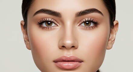 Fototapeta premium Close-up Portrait: Luminous Skin, Defined Brows, and Captivating Gaze of a Young Woman