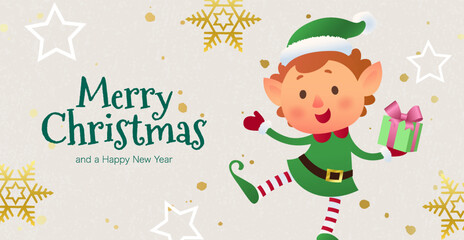 Christmas decoration greeting banner with typography and cute hand drawn festive elf vector illustration