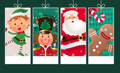Christmas decoration greeting card set for tag and label with cute hand drawn festive Santa Claus, elf, gingerbread man nutcracker vector illustration