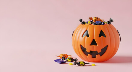 Orange jack o lantern bucket filled with halloween candy and spiders