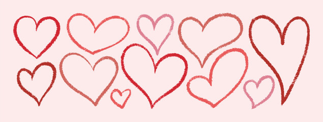 Crayon Hearts. Vector Chalk and Pencil Heart Shape in Pink Color. Hand Drawn Doodle Lipstick Love Icon Set in Kids Style for Web Design, Patterns, Logos, Valentines Day Cards
