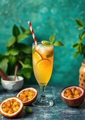Fototapeta premium Refreshing coconut water drink infused with passionfruit and basil drink, umbrella, cocktail, summer 