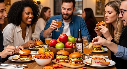Friends enjoying burgers and drinks at a restaurant, happy faces.