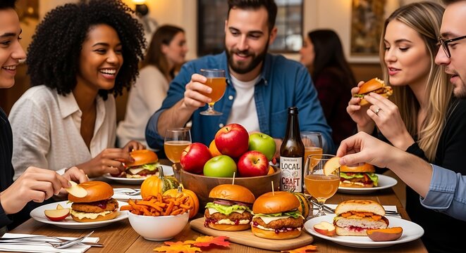 Friends enjoying burgers and drinks at a restaurant, happy faces.