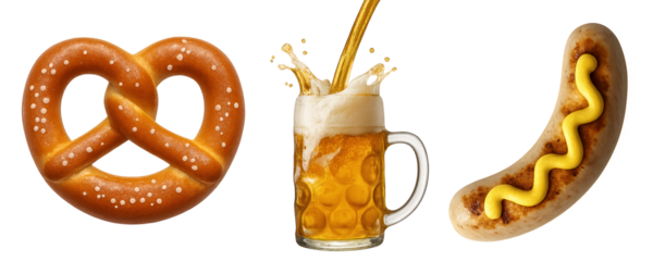 Oktoberfest snack pack illustrations, realistic vector food set featuring soft pretzel, grilled bratwurst with mustard, and pouring frothy beer mug, perfect for culinary design, Oktoberfest menus