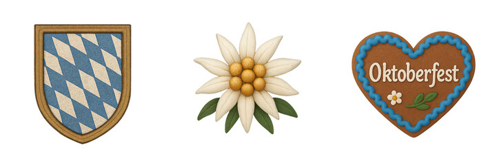 Oktoberfest template accessories, Bavarian culture icon set including edelweiss flower, gingerbread heart with Oktoberfest lettering, and traditional blue shield, ideal for fall-themed design