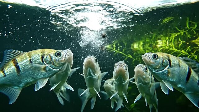 Close-up of shoal of archerfish spitting water toward insects