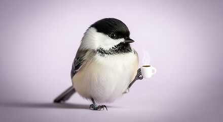 Adorable chickadee bird enjoying a cup of coffee on a light purple background in a whimsical and charming scene
