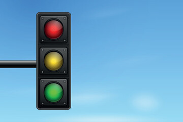 Vector 3d Traffic Light with Red Yellow Green Signals. Urban Traffic Light on Pole. Realistic Traffic Light for Road Safety, City Transportation Rules and Driving Education Concept