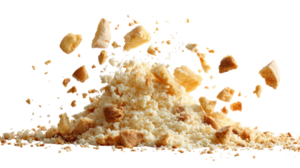 Explosion of crumbs and pieces of food isolated on transparent background