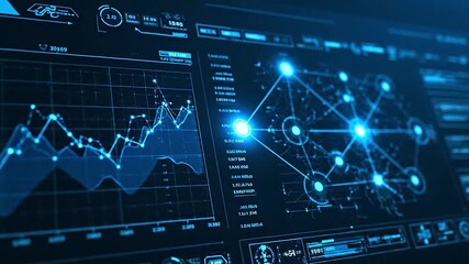 High-tech financial analytics dashboard with animated line graphs and network data nodes in blue tones - Powered by Adobe