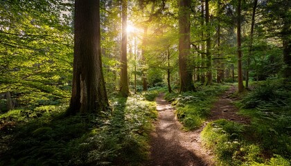 Fototapeta premium Sunlit Path Through A Lush Forest Sunlight Filtering Through Trees Creating A Tranquil Woodland Scene