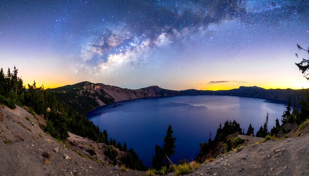 Vast caldera lake, Milky Way arc, tranquil sunrise