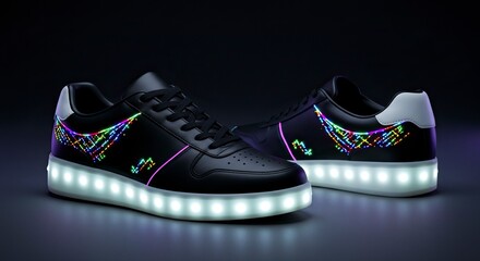 Futuristic Black Sneakers with LED Soles and Colorful Pixelated Design on Dark Background