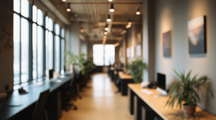 Fototapeta premium Blurred background of spacious minimalist coworking office with white desks, black chairs, and natural light. Modern workplace design creating productive, inspiring, and collaborative environment