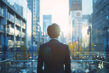 未来を見据える日本人男性ビジネスパーソンの後ろ姿