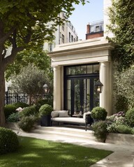 Obraz premium A luxurious outdoor patio area with a stylish garden design, featuring a light beige stone terrace, a black metal daybed, and tall, lush green trees.