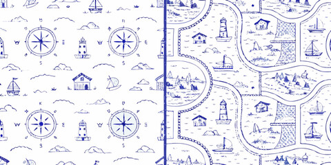 Charming hand drawn nautical seamless pattern with compasses sailboats lighthouses and coastal villages